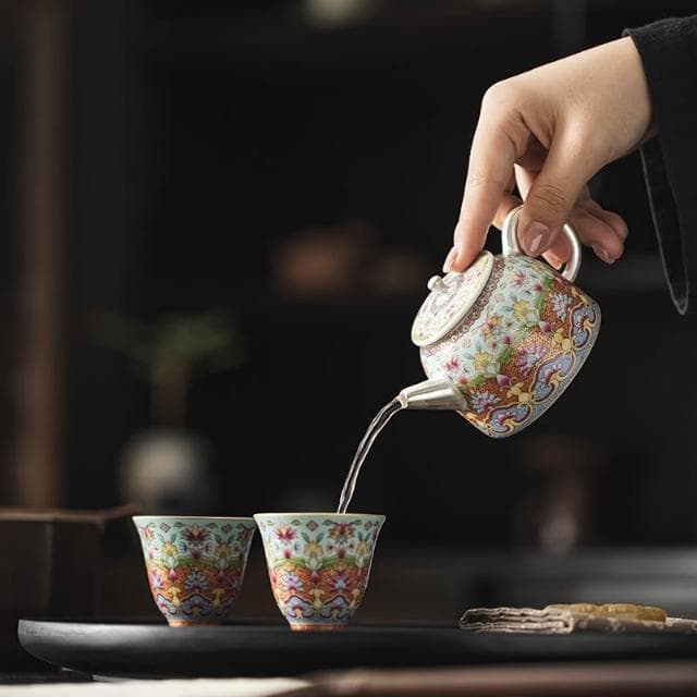 999鎏銀琺瑯彩功夫茶具套裝 泡茶壺一壺二杯禮盒裝 送領導長輩禮物
