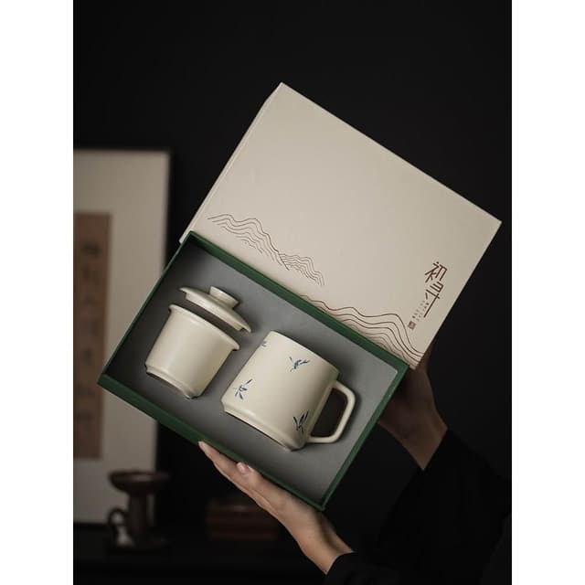 草木灰蝴蝶蘭辦公杯 馬克杯 帶蓋陶瓷茶水分離杯 送長輩客戶禮品定制