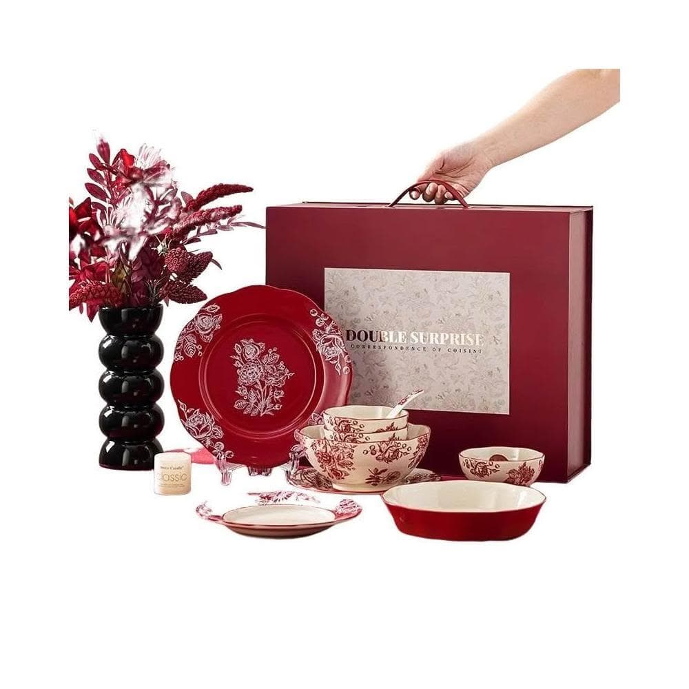 小慕Kogure 碗筷套裝 高檔碗碟餐具陶瓷 新婚禮物送新娘紅色碗盤筷套裝 喬遷新居結婚禮盒