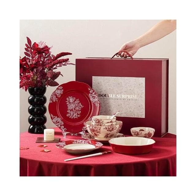 小慕Kogure 碗筷套裝 高檔碗碟餐具陶瓷 新婚禮物送新娘紅色碗盤筷套裝 喬遷新居結婚禮盒