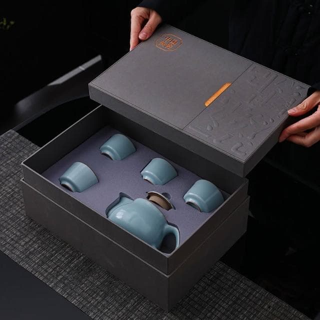天青汝窯茶具套裝 提梁壺 可養開片陶瓷茶具 輕奢家用茶具套裝 LY