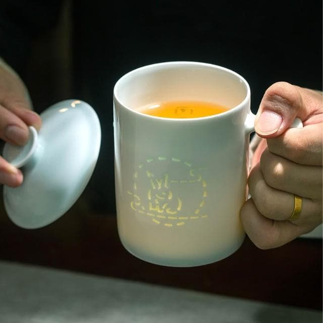 景德鎮帶蓋辦公杯茶泡茶杯中秋送禮陶瓷茶杯青白瓷玲瓏過濾杯家用