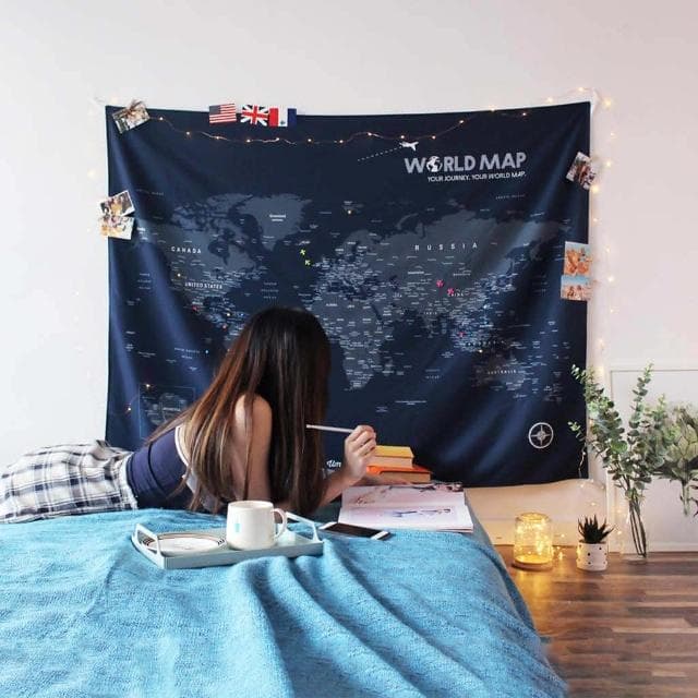 【Umade】世界地圖掛布 海軍藍色 S/M 附磁鐵地標扣 牆壁裝飾 房間佈置 居家情境裝飾 情侶禮物 生日禮物