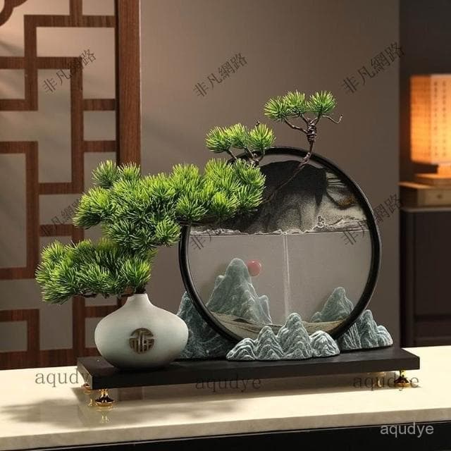 新中式流沙畫 迎客鬆 發財樹 招財擺飾 入厝禮物 客廳擺飾 喬遷禮品 玄關擺件 居傢裝飾 交換禮物