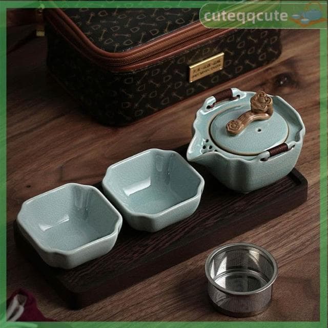 快客杯 旅行茶具 茶壺茶具 茶具套裝 露營茶具 汝窯快客杯 旅行茶具杯 一壺一杯二杯冰裂汝窯個人辦公茶具旅行便攜式茶具杯