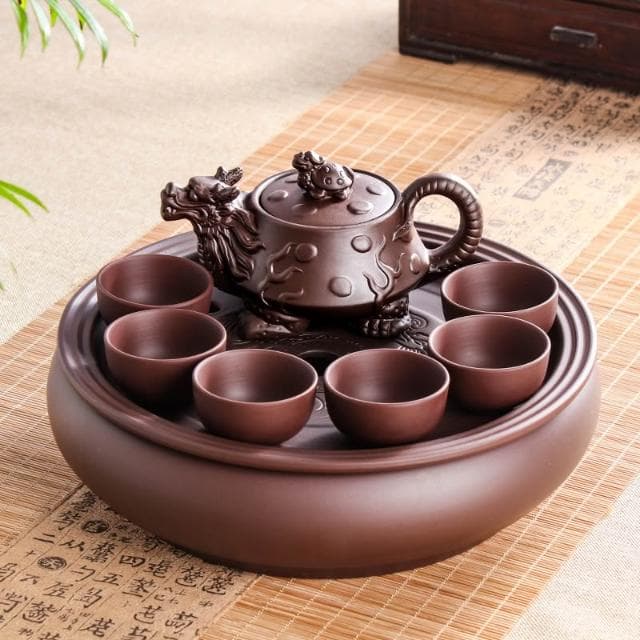 紫砂功夫茶具套裝現代家用簡約圓形茶盤泡茶整套潮汕陶瓷茶壺茶杯