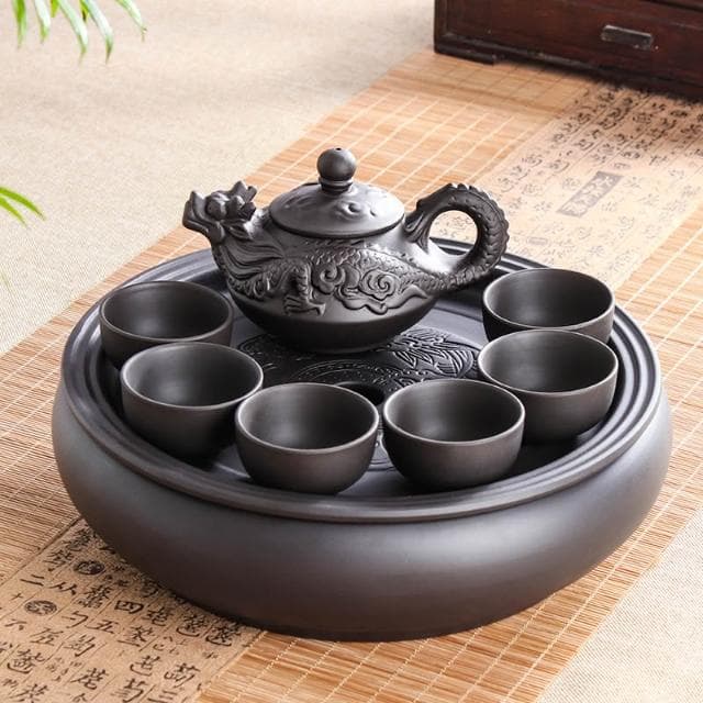 紫砂功夫茶具套裝現代家用簡約圓形茶盤泡茶整套潮汕陶瓷茶壺茶杯