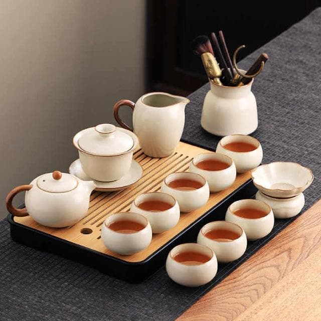 新款汝窯功夫茶具套裝 家用茶具 辦公室喝茶泡茶蓋碗茶壺茶杯子套裝 功夫茶套組