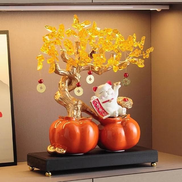 【Felsted 菲仕德】事事如意柿子招財貓發財樹擺件禮品（擺飾 聖誕禮物 生日禮物 擺設 送禮 裝飾品 收藏）