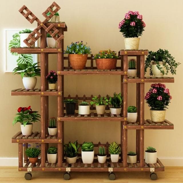 居家裝飾花架 風車造型植物架 帶輪可移動盆栽架 陽台置物架 綠蘿實木質花架 客廳室內多肉花架子 多層特價吊蘭花盆架 鞋架