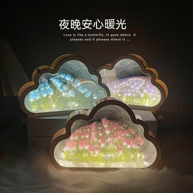 鬱金香花海小夜燈 DIY材料包 創意雲朵燈 氛圍燈 生日禮物 女生禮物 鏡面小夜燈 畢業禮物 鏡子 氛圍感鏡