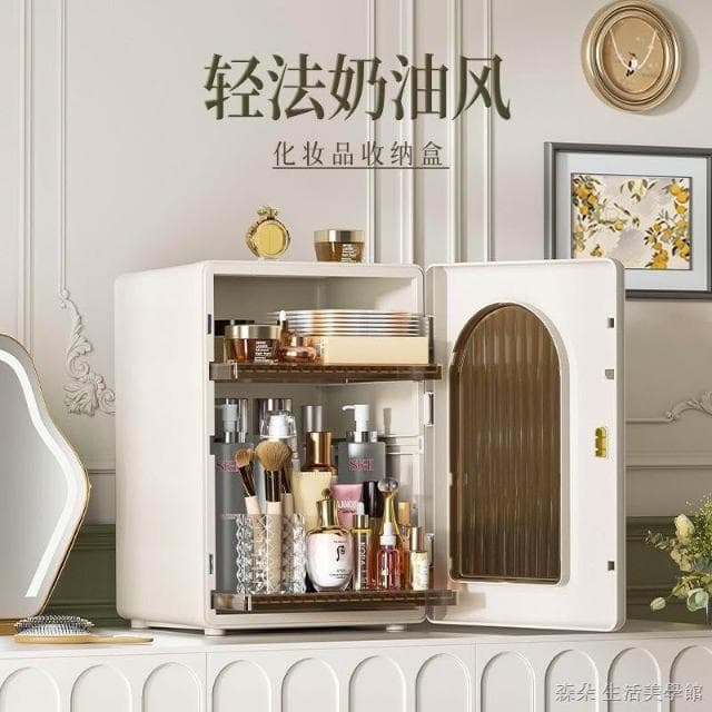 奶油風抽拉式置物架 ins桌上收納櫃白色 護膚品化妝品保養品收納櫃 防塵收納盒家用大梳妝臺桌面收納架 多功能抽屜化妝盒