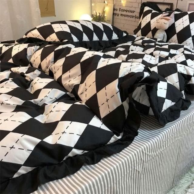 法式復古菱形格子床上用品四件套學生宿舍黑花邊被套床單冬被 被子 厚被子 被芯 保暖冬被 棉被 暖暖被 學生宿舍被褥