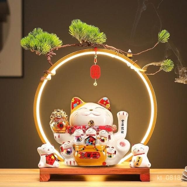 招財貓 搖手招財貓  玄關 燈圈 倒流香招財貓擺件 開運 招財擺飾 風水擺件 入厝禮物 開幕送禮