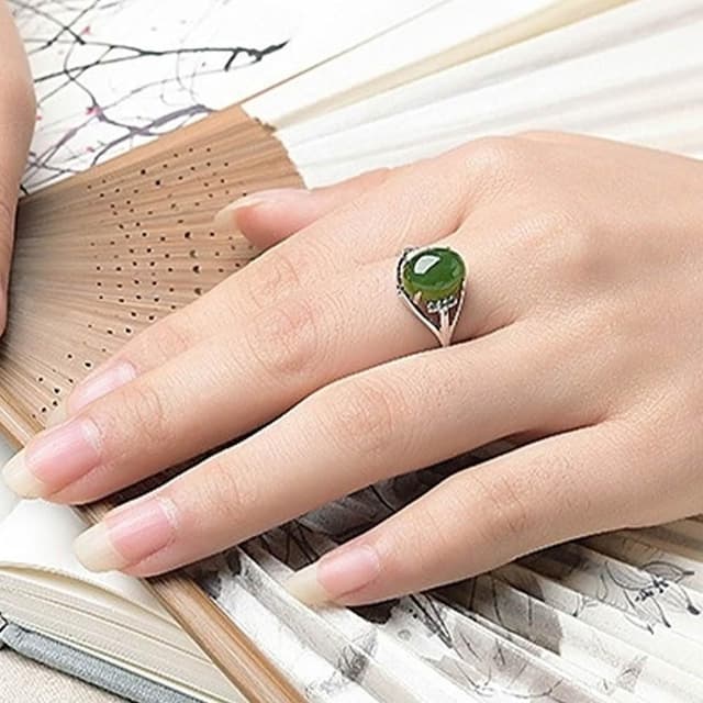 【EMMA SUE】碧玉戒指 新中式 古風 純銀戒指 鋯石戒指 和田玉 開口可調節 高級感 飾品 戒指 女生戒指 女戒 送長輩 禮物