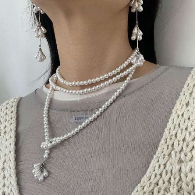 【EMMA SUE】耳夾耳環 鎖骨鍊 百搭 飾品 耳環 花朵 串珠 珍珠耳環 項鍊 珍珠項鍊 垂墜耳環 韓風 女生耳環 項鍊女 