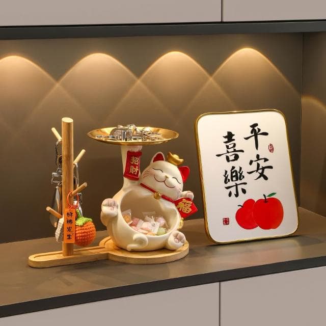 桃甜也居家生活 招財貓鑰匙收納玄關裝飾品擺設家居入戶門口鞋櫃客廳喬遷新居禮品