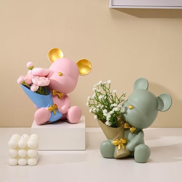 桃甜也居家生活 北歐創意捧花暴力熊玄關客廳擺飾家居電視櫃桌面裝飾喬遷新居禮品