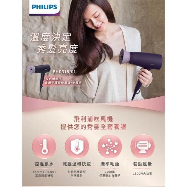 【Philips 飛利浦】BHD318/01 溫控負離子吹風機 -紫