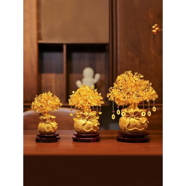 招財黃水晶發財樹擺件酒櫃裝飾家居客廳玄關小搖錢樹開業喬遷禮物