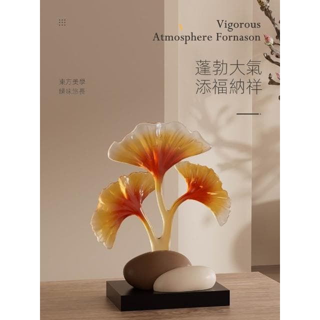 創意銀杏葉藝術擺件高級感古風石頭喬遷開業禮物玄關展示櫃裝飾品