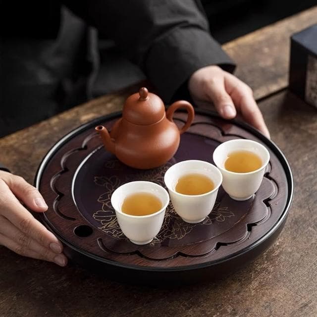 竹制茶盤瀝水高檔家用茶具簡約託盤茶海圓形儲水排水小型幹泡茶臺