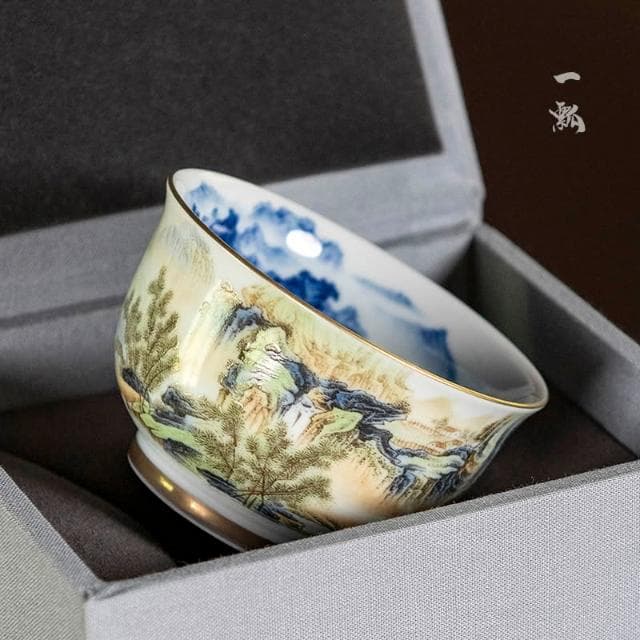 景德鎮琺瑯彩主人杯功夫茶具國風山水品茗杯青花山水茶杯單杯大號