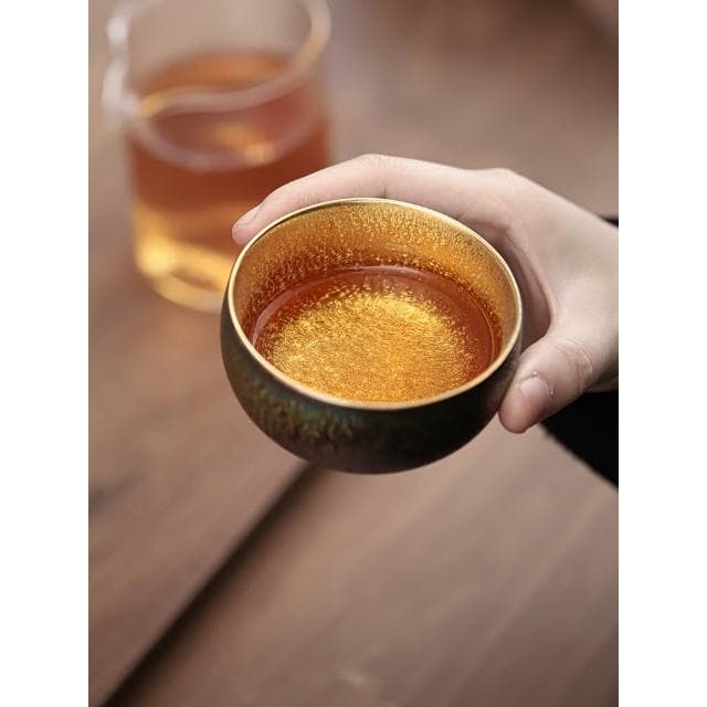康樂品七彩建盞鎏金主人杯手工陶瓷天目釉個人專用輕奢窯變茶盞