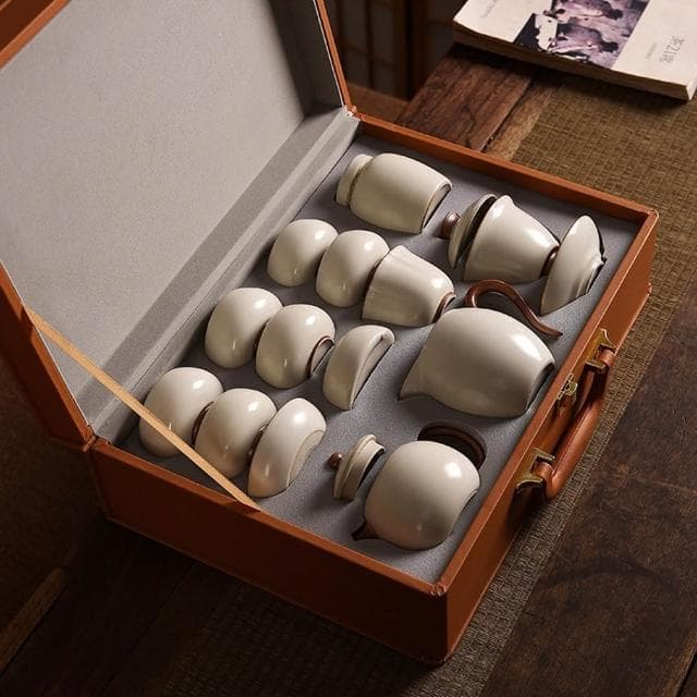 Jimi 集米 汝窯功夫茶具套組 輕奢高檔家用陶瓷蓋碗茶杯 泡茶壺禮品 禮盒裝 茶器13件套