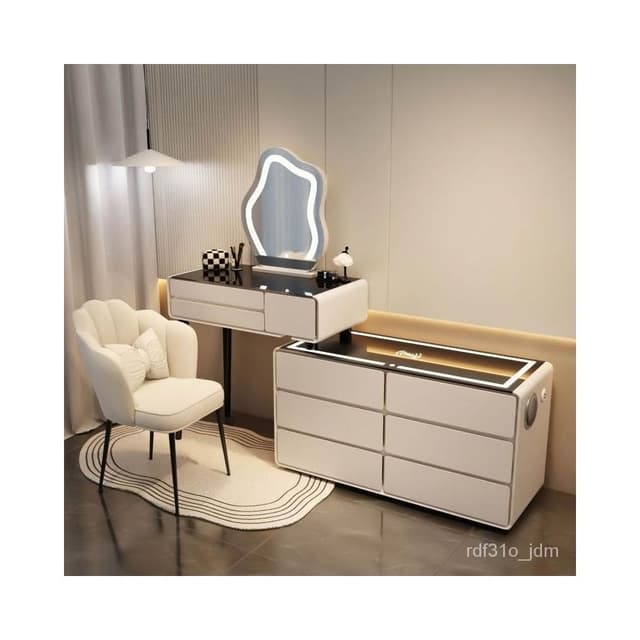 免運 化妝臺 化妝桌 梳妝桌 化裝鏡 梳妝檯 實木巖闆 網紅梳妝臺臥室化妝桌公主風無綫充電藍牙音響現代簡約書桌雲朵鏡