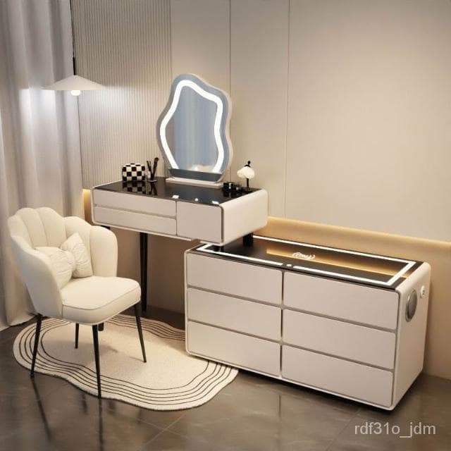 免運 化妝臺 化妝桌 梳妝桌 化裝鏡 梳妝檯 實木巖闆 網紅梳妝臺臥室化妝桌公主風無綫充電藍牙音響現代簡約書桌雲朵鏡