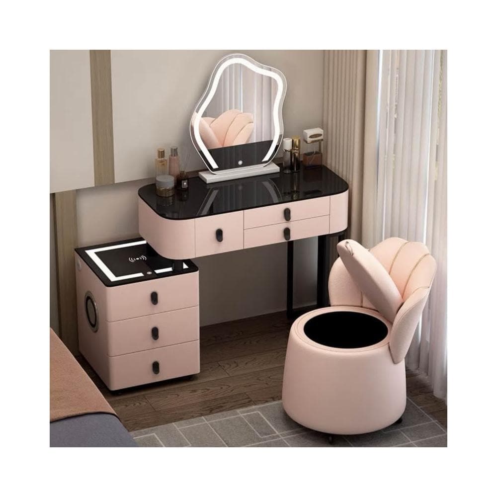 實木臥室梳粧檯智能家居多功能北歐黑科技化妝臺音響藍牙輕奢簡約
