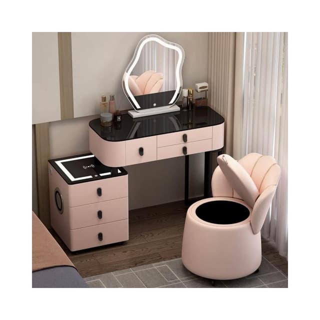 實木臥室梳粧檯智能家居多功能北歐黑科技化妝臺音響藍牙輕奢簡約