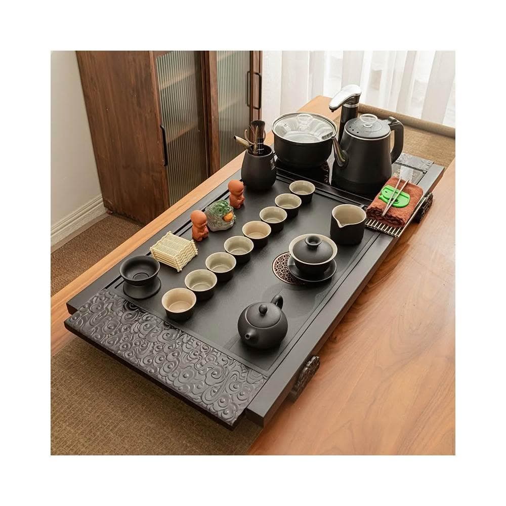 整套功夫茶具套裝家用現代簡約實木仿烏金石瓷燒水全自動一體茶盤