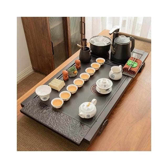 整套功夫茶具套裝家用現代簡約實木仿烏金石瓷燒水全自動一體茶盤