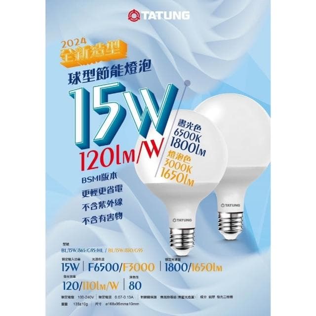 【TATUNG 大同】LED 超節能燈泡 G95 15W LED燈泡 球型燈泡 節能燈炮 龍珠燈 圓形燈 圓燈泡 燈泡 E27