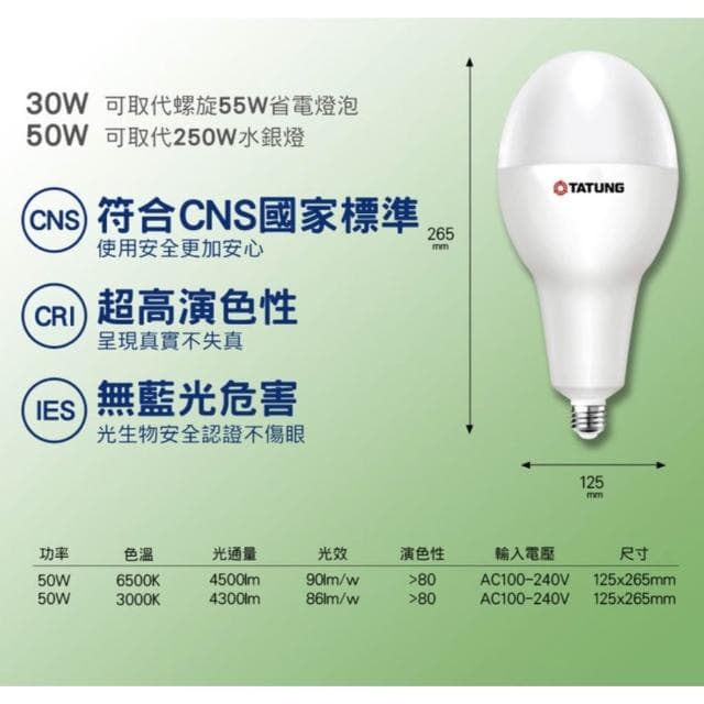 【TATUNG 大同】LED燈泡 大瓦數 30W 40W 50W 75W LED球泡燈 黃光 白光 E27 燈泡
