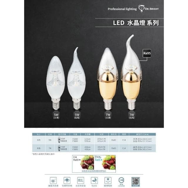 【亮博士】亮博士 LED 5W/7W 水晶燈 E14燈頭 尖清 拉尾 蠟燭燈 黃光 白光 拉尾燈泡 夜燈美術燈蠟燭燈