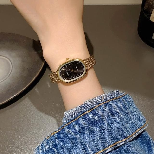 【LEESA】韓版手錶\ins風\高級感\女生手錶\精緻\學生手錶\石英錶\錶\手錶\金色手錶\指針式\復古錶\橢圓形錶\氣質