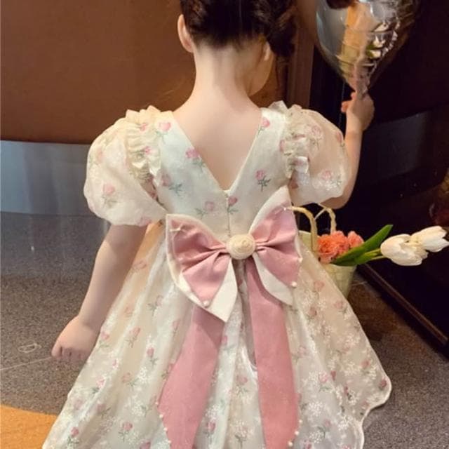 【Arbea】女童夏季短袖連衣裙兒童表演服後背大蝴蝶結禮服裙子 C35