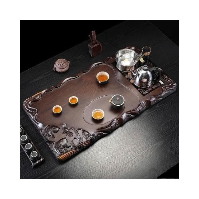 精雕功夫茶具 整块黑檀木茶盘 实木原木家用茶台 大号红木茶海排水