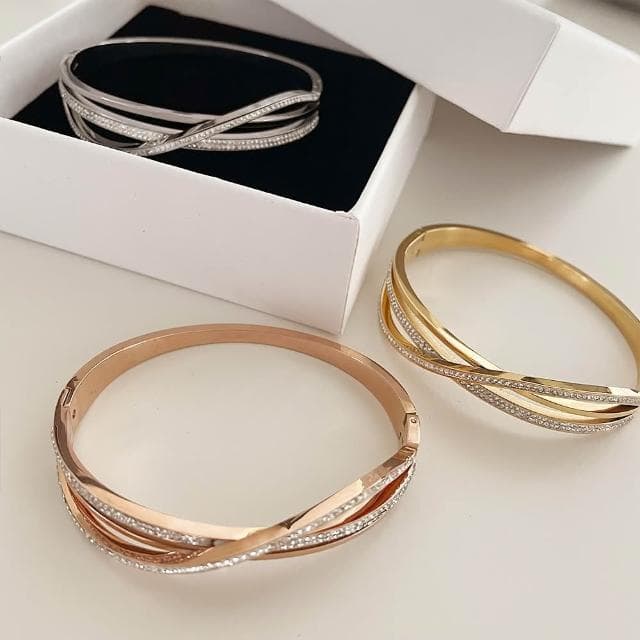 【CReAM】Twila閃耀奢華亮鑽水鑽交錯金銀色玫瑰金色女手環手鐲(生日 禮物 送禮 禮盒)