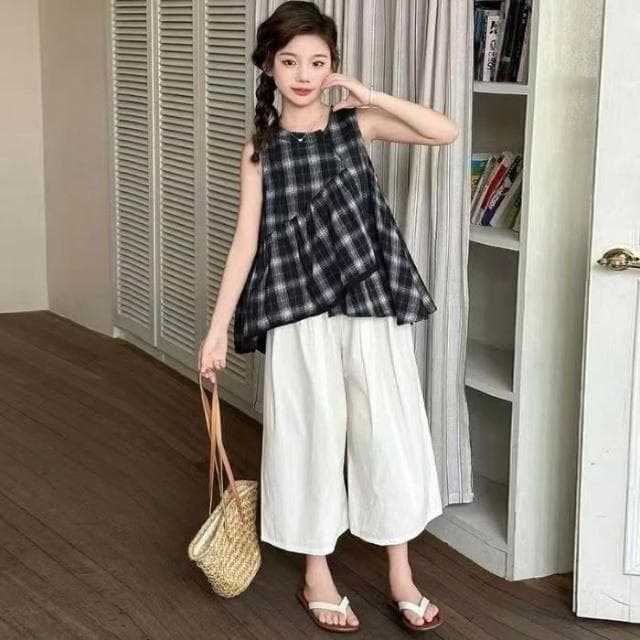 【Arbea】中大童120-170碼女童夏裝格紋套裝新兒童中大童夏季洋氣無袖上衣時髦兩件套【C1219】