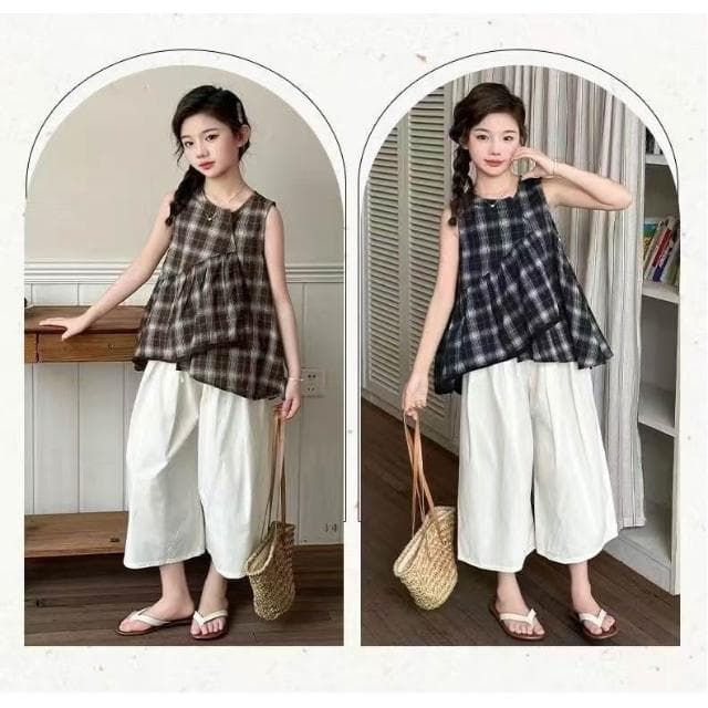 【Arbea】中大童120-170碼女童夏裝格紋套裝新兒童中大童夏季洋氣無袖上衣時髦兩件套【C1219】