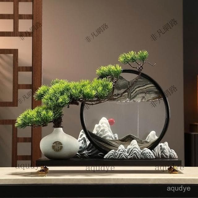 漫生活新中式流沙畫 迎客鬆 發財樹 招財擺飾 入厝禮物 客廳擺飾 喬遷禮品 玄關擺件 居傢裝飾 交換禮物