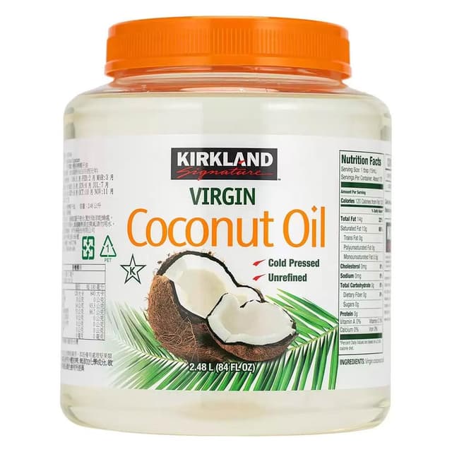 【Kirkland Signature 科克蘭】5Cgo🏆Kirkland Signature 科克蘭 冷壓初榨椰子油 2.48公升 #1076366 多功能用途：製作保養品、奶油替代品、低溫煎煮、頭髮養護/溫度攝氏 24 度以上會呈現液態 Kirkland Signature Virgin Coconut Oil 2.48 L—303