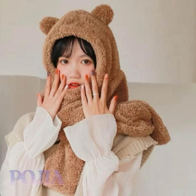  保暖熊熊圍巾 小熊圍巾 女圍巾 帽圍脖 保暖 毛毛圍巾 絨毛圍巾 日系圍巾