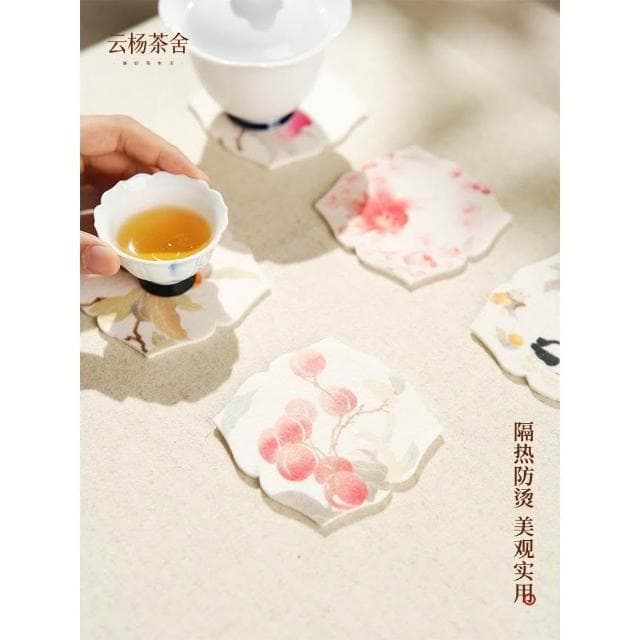 熊貓戲柿杯墊家用吸水毛氈壺承隔熱防燙墊茶託茶道配件功夫茶具