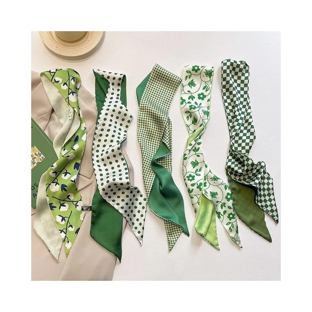 梵花 綠色繫新款顯白多功能春夏長條小絲巾女髮帶裝飾領巾小圍巾綁包包