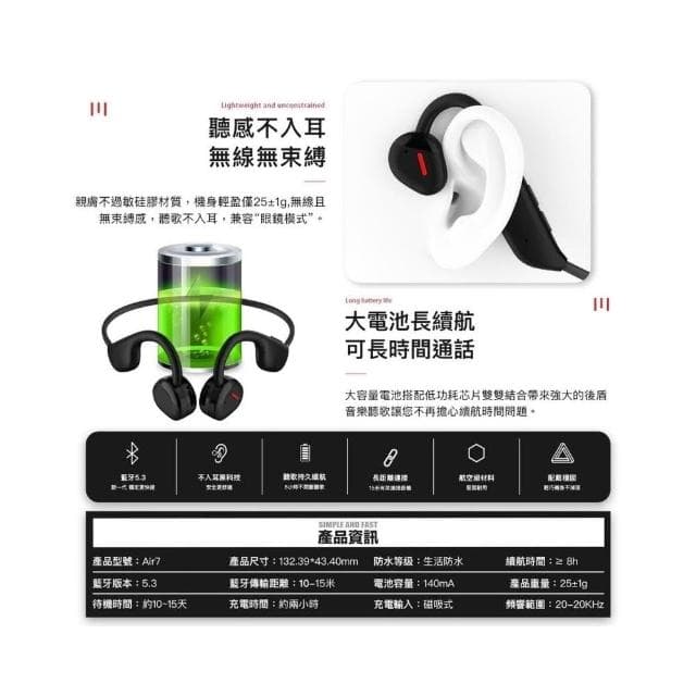 氣傳導無線藍芽耳機🎧無線運動後掛式藍芽耳機掛耳式防汗免持通話麥克風智能跑步騎車骨傳導藍牙耳機